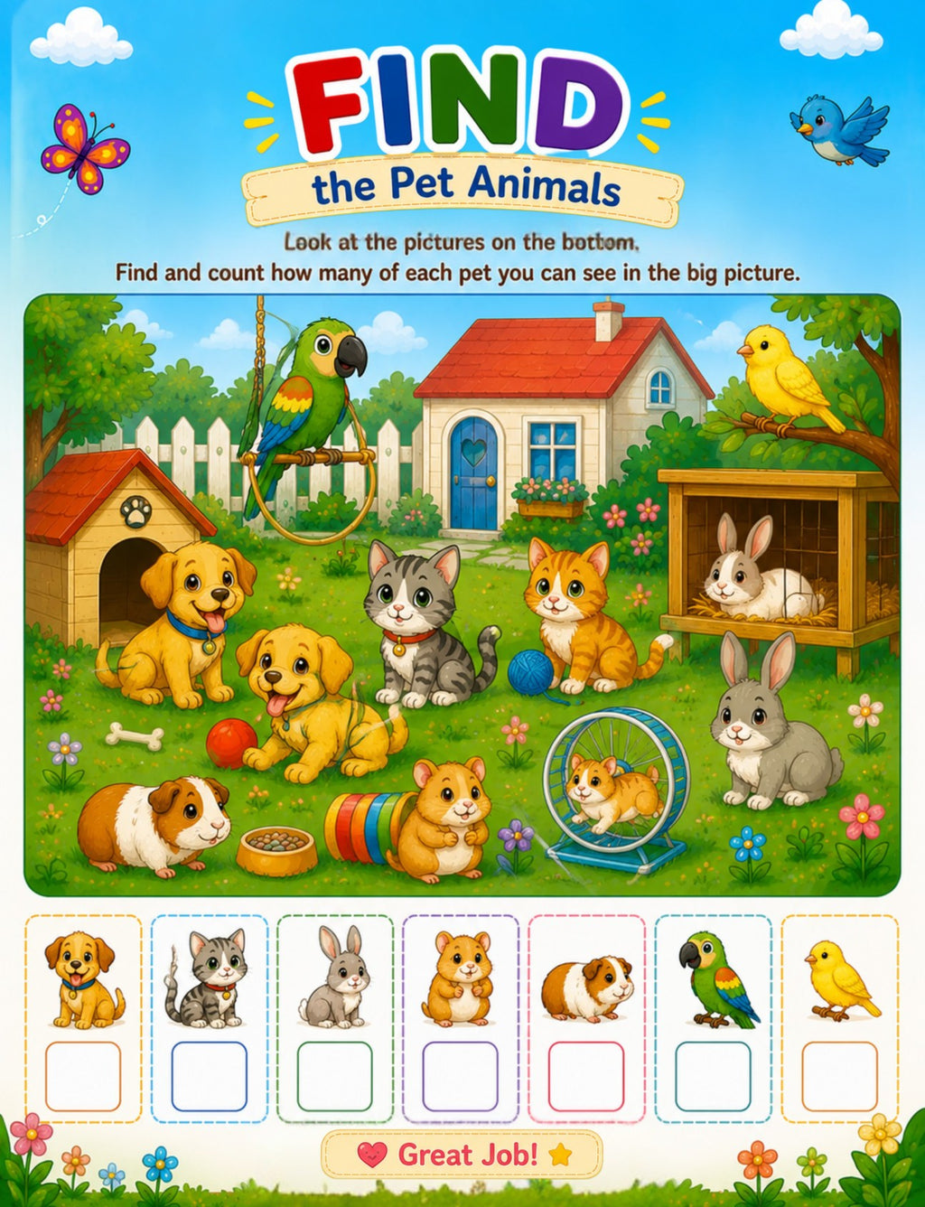 Actual interior page 11 from Animals All Around!: a find-and-count pet animals activity.