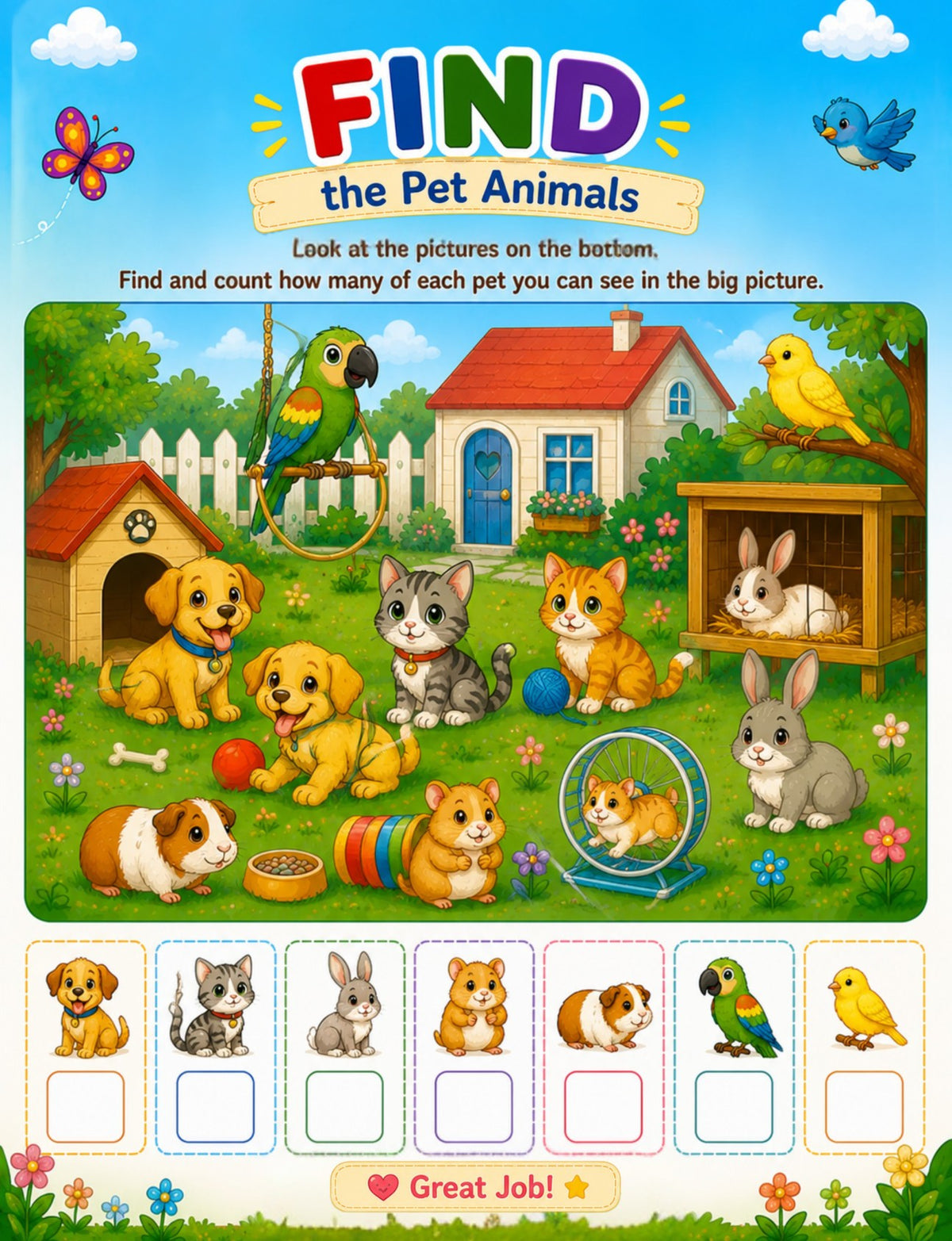Actual interior page 11 from Animals All Around!: a find-and-count pet animals activity.