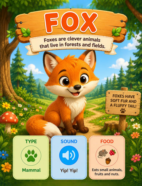 Actual interior page 30 from Animals All Around!: an illustrated fox with animal type, sound and food facts.