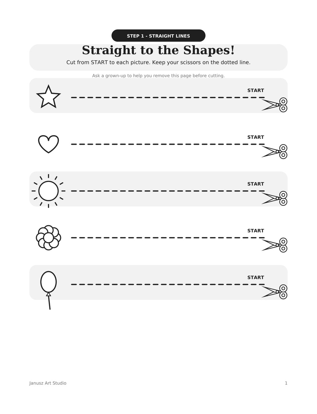 Actual interior page: Straight to the Shapes! cutting practice, activity 1.