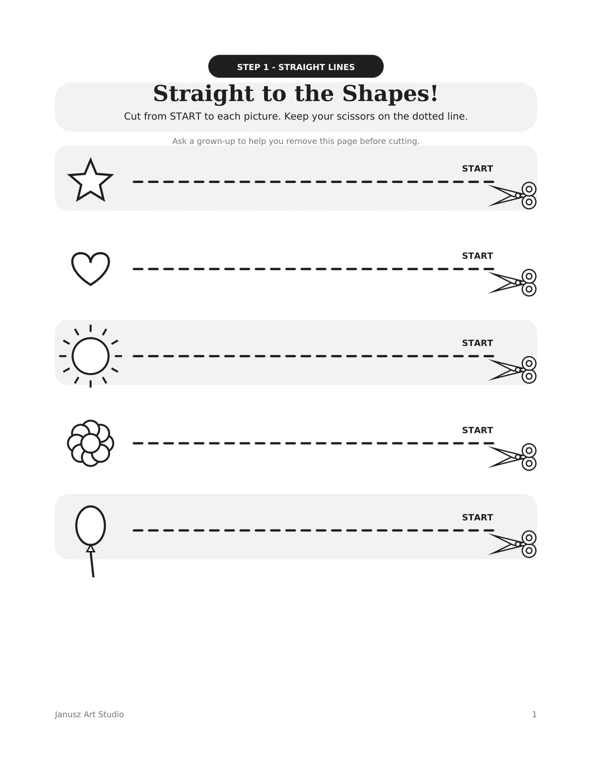Actual interior page: Straight to the Shapes! cutting practice, activity 1.