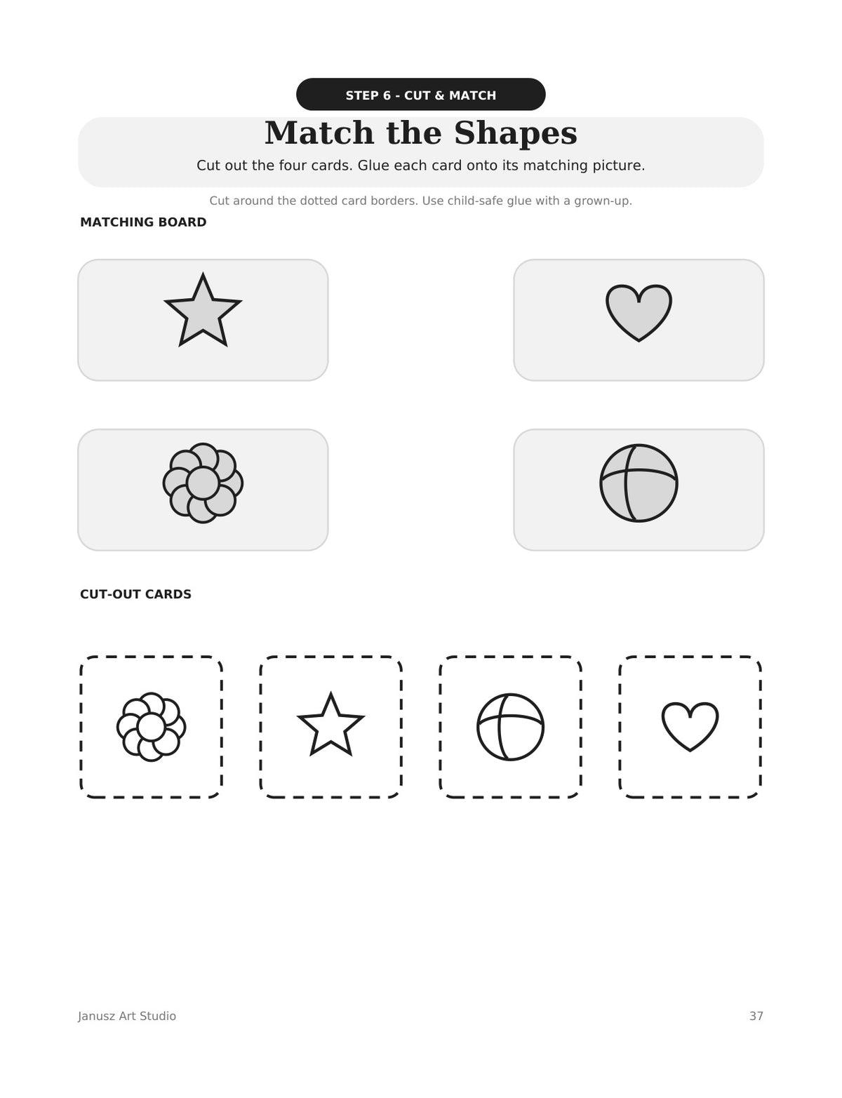 Actual interior page: Match the Shapes, cutting and matching activity 37.