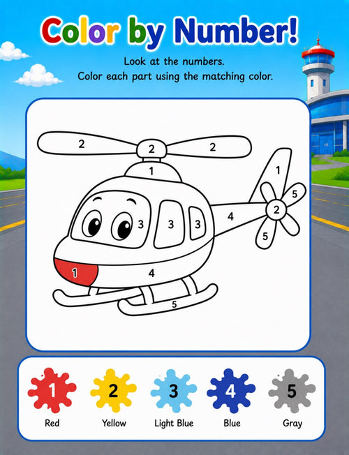 Original color by number activity from Airplanes and Helicopters Activity Book