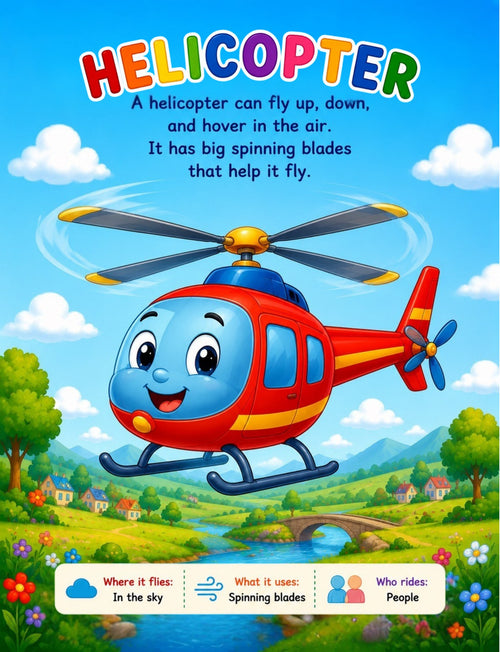 Original helicopter learning page from Airplanes and Helicopters Activity Book
