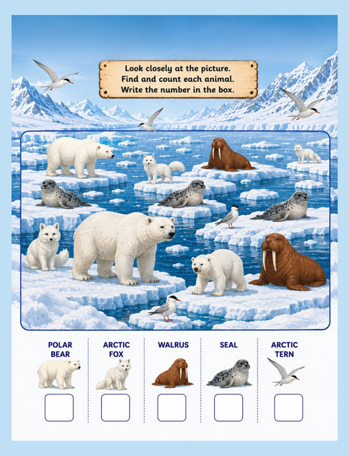 Authentic interior page: find and count polar bears, Arctic foxes, walruses, seals and Arctic terns