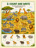 Authentic interior page: count and write African animal worksheet from Amazing Animals Activity Book