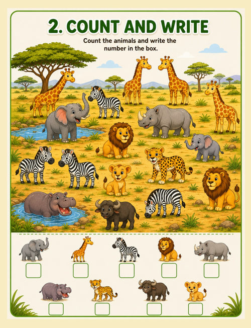 Authentic interior page: count and write African animal worksheet from Amazing Animals Activity Book