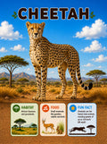 Actual interior page: cheetah illustration with habitat, food and animal facts.