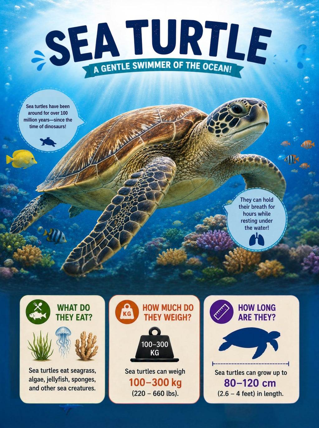 Actual interior page: sea turtle illustration with diet, size and animal facts.