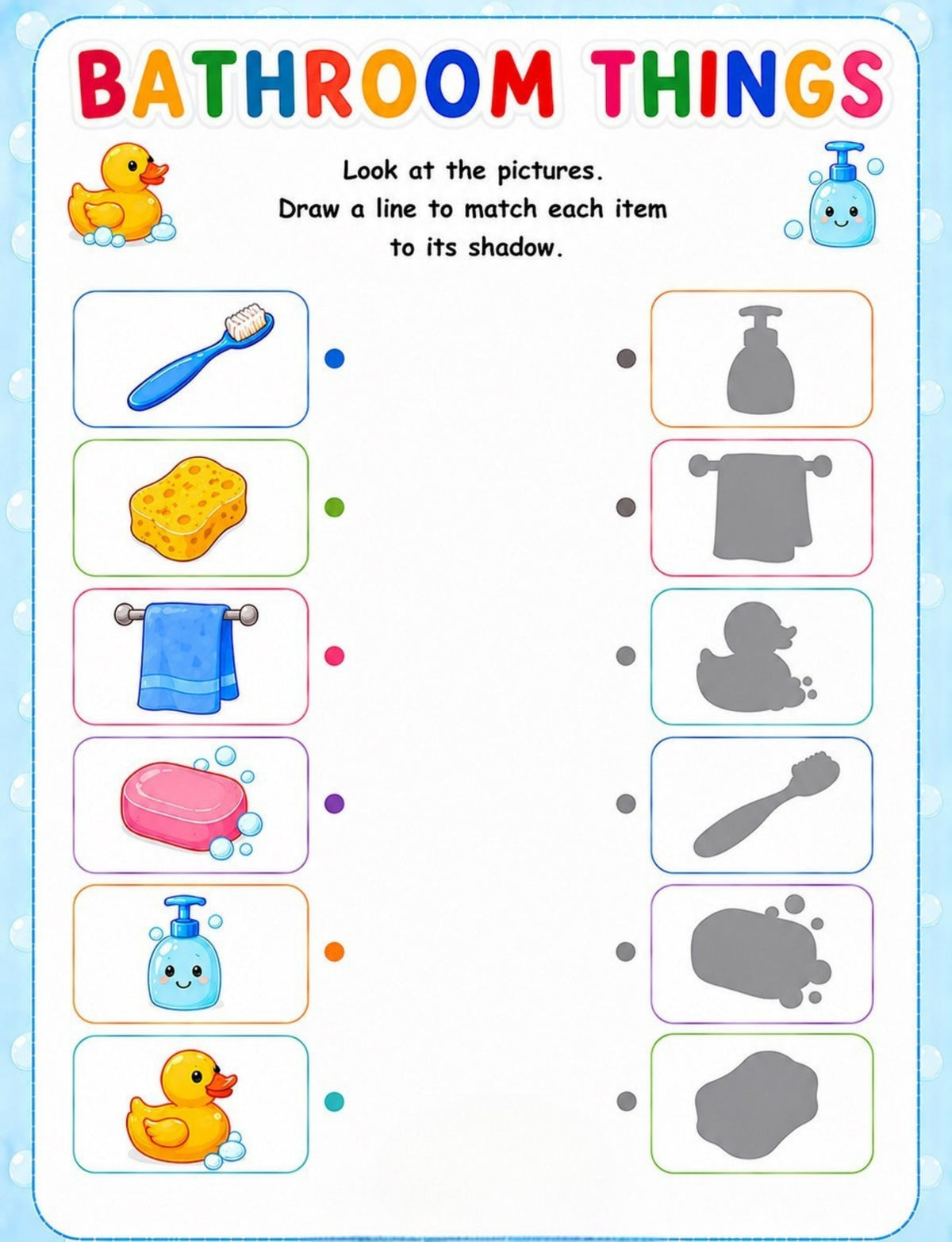Original shadow matching activity from Bathroom Things Printable Activity Book