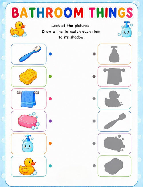 Original shadow matching activity from Bathroom Things Printable Activity Book