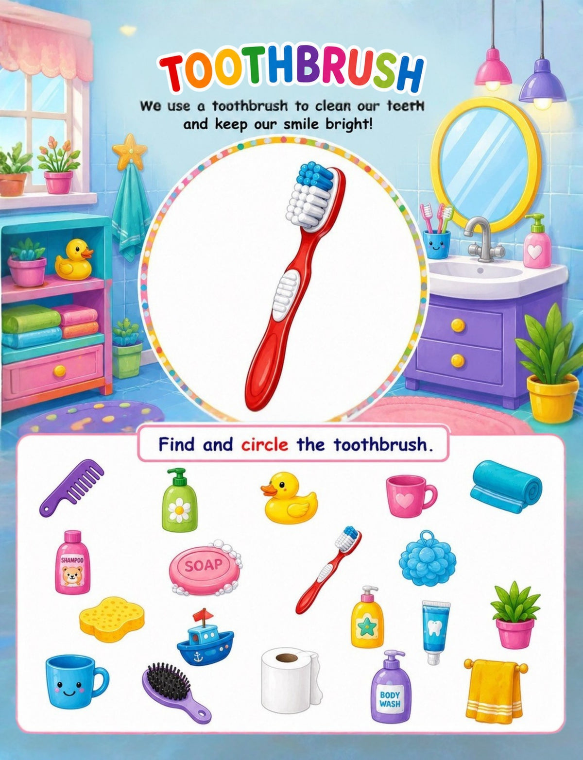 Original toothbrush learning page from Bathroom Things Printable Activity Book