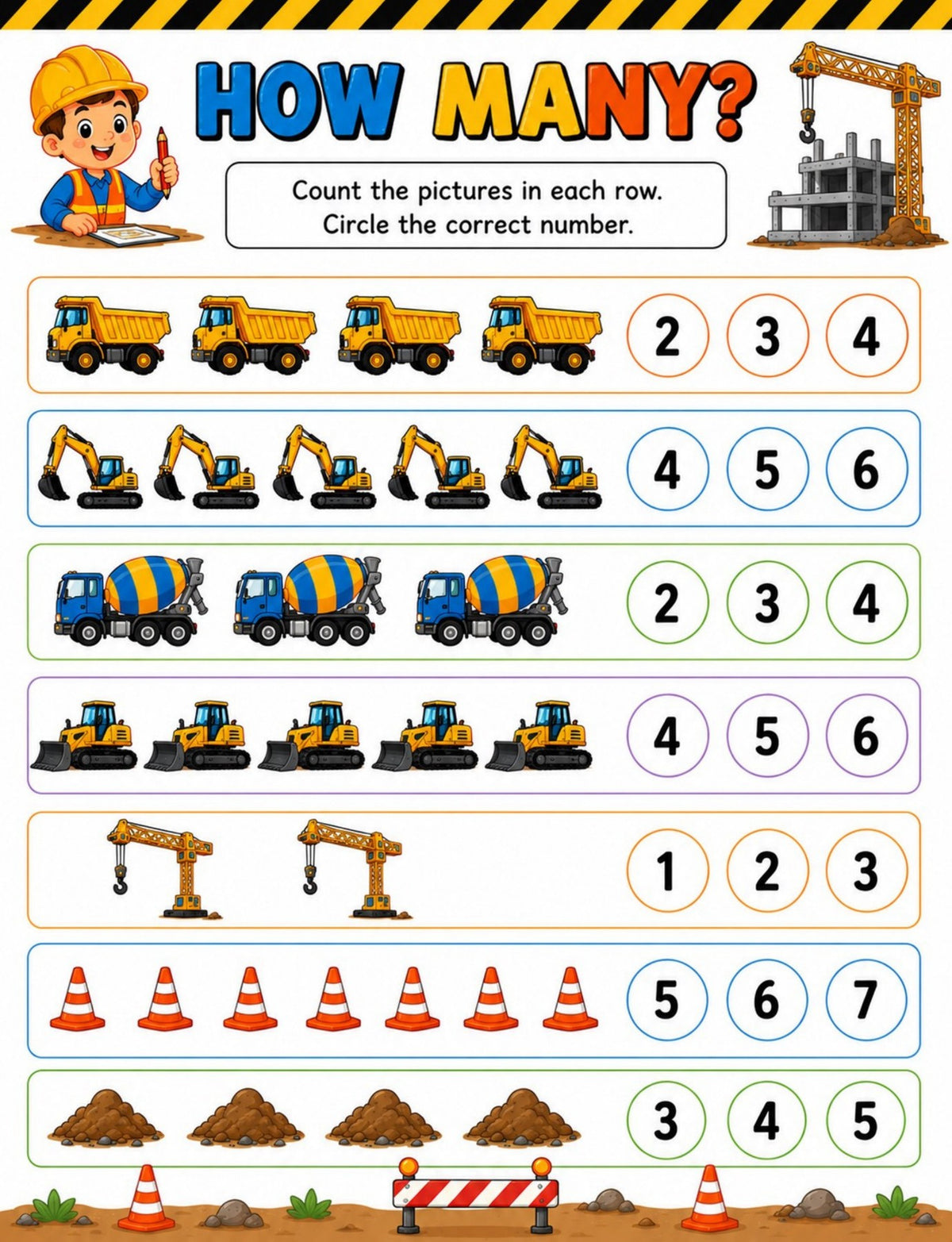 Actual interior preview from page 35: count construction vehicles and site items in seven rows and circle the correct number.