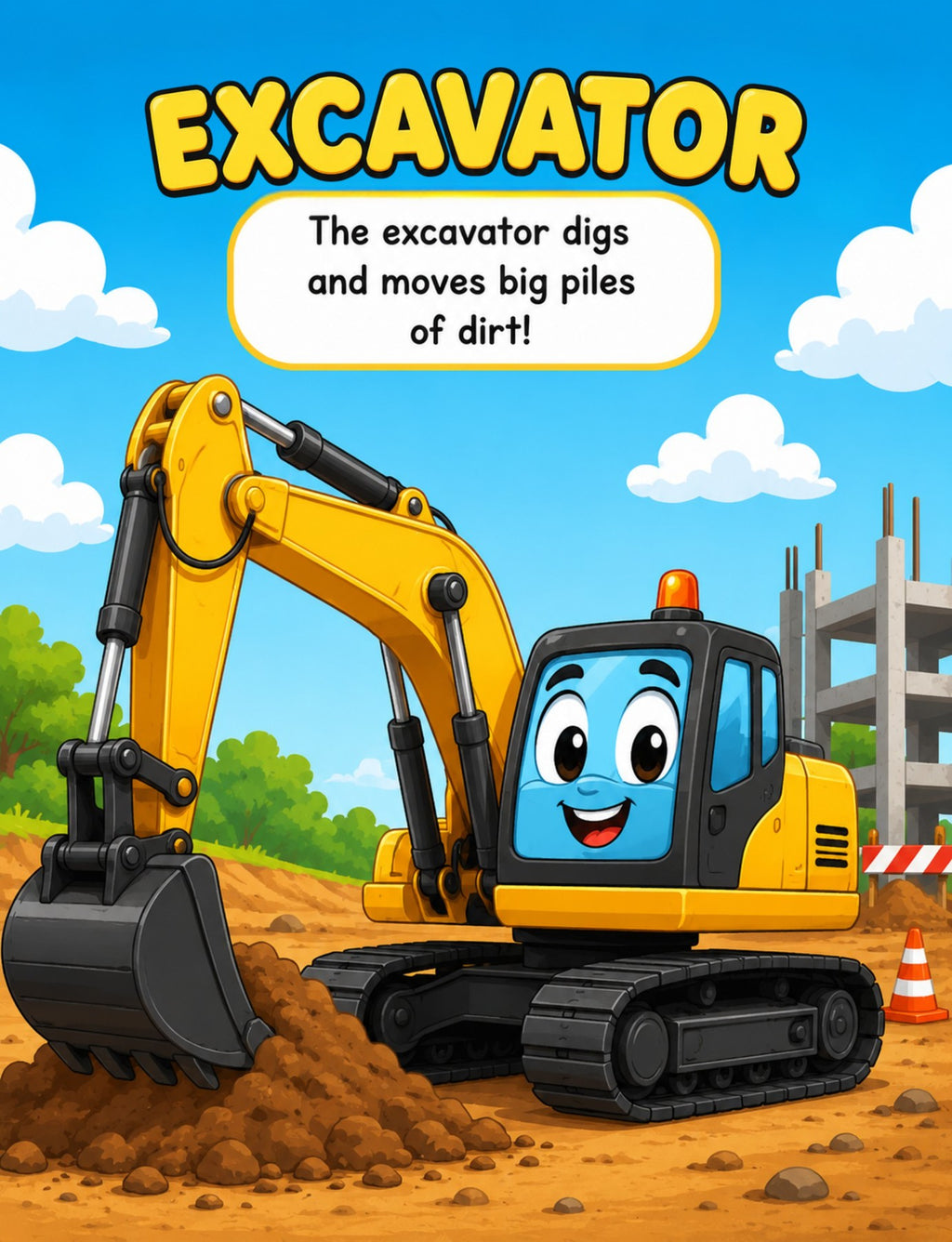 Actual interior preview from page 2: smiling excavator with a simple explanation of digging and moving dirt.