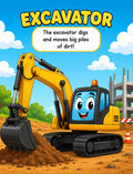 Actual interior preview from page 2: smiling excavator with a simple explanation of digging and moving dirt.