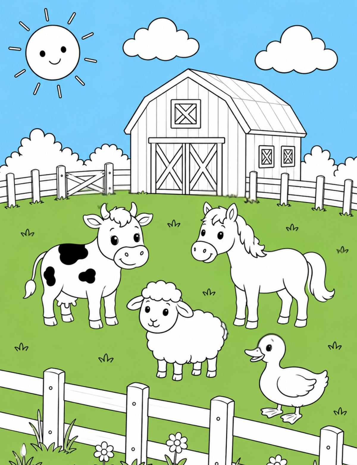 Original activity page from Cute Farm Animals – Color & Copy Coloring Book (Ages 3–5)