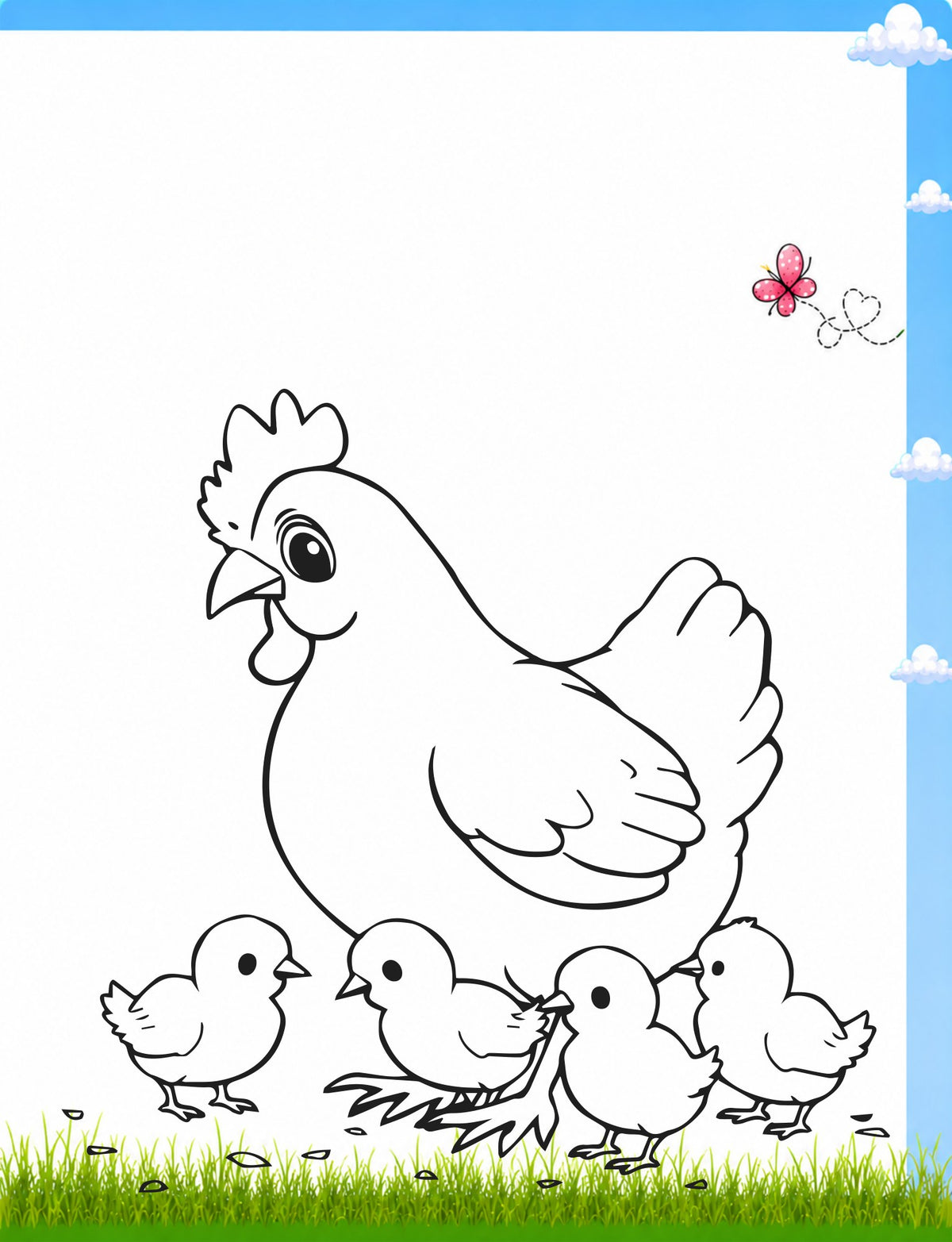 Original hen and chicks coloring page from Farm Animals Coloring Book
