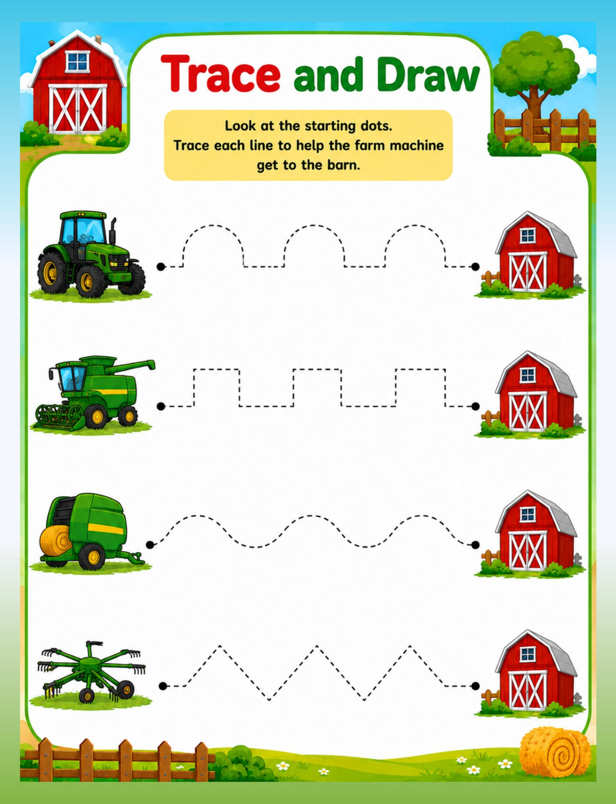 Original tracing activity from Farm Machines and Farm Vehicles Activity Book