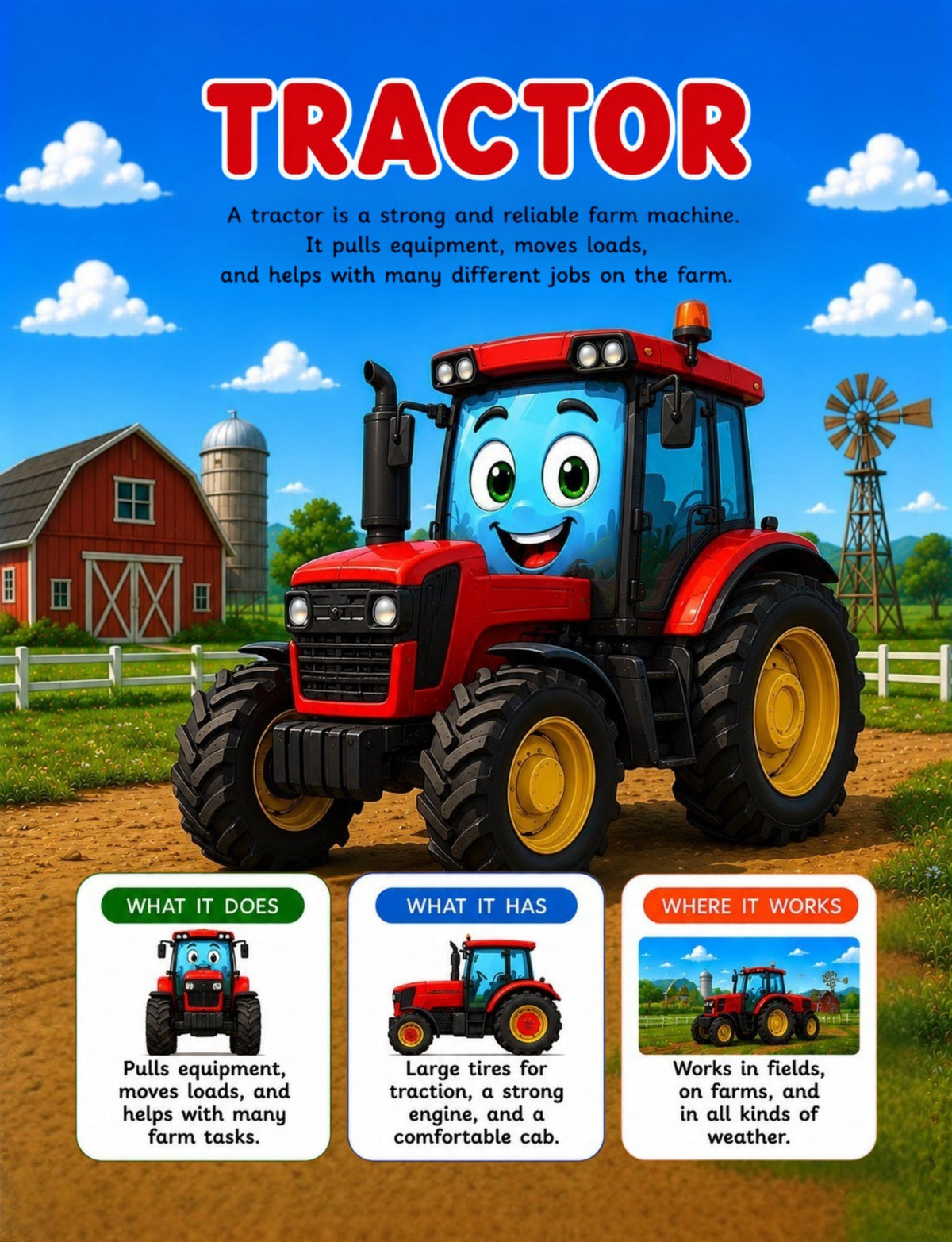 Original tractor learning page from Farm Machines and Farm Vehicles Activity Book