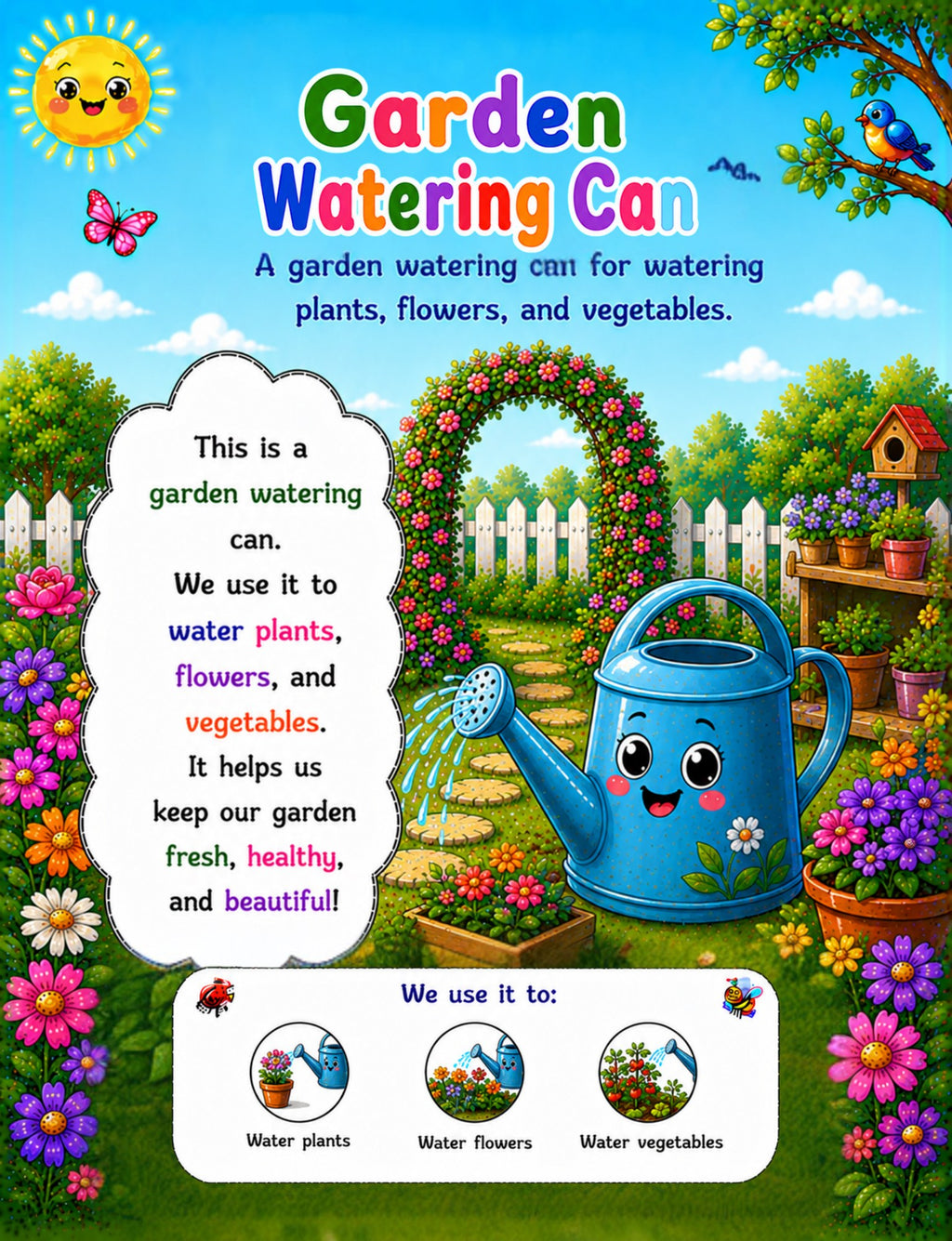 Original watering can learning page from My First Garden Tools Activity Book