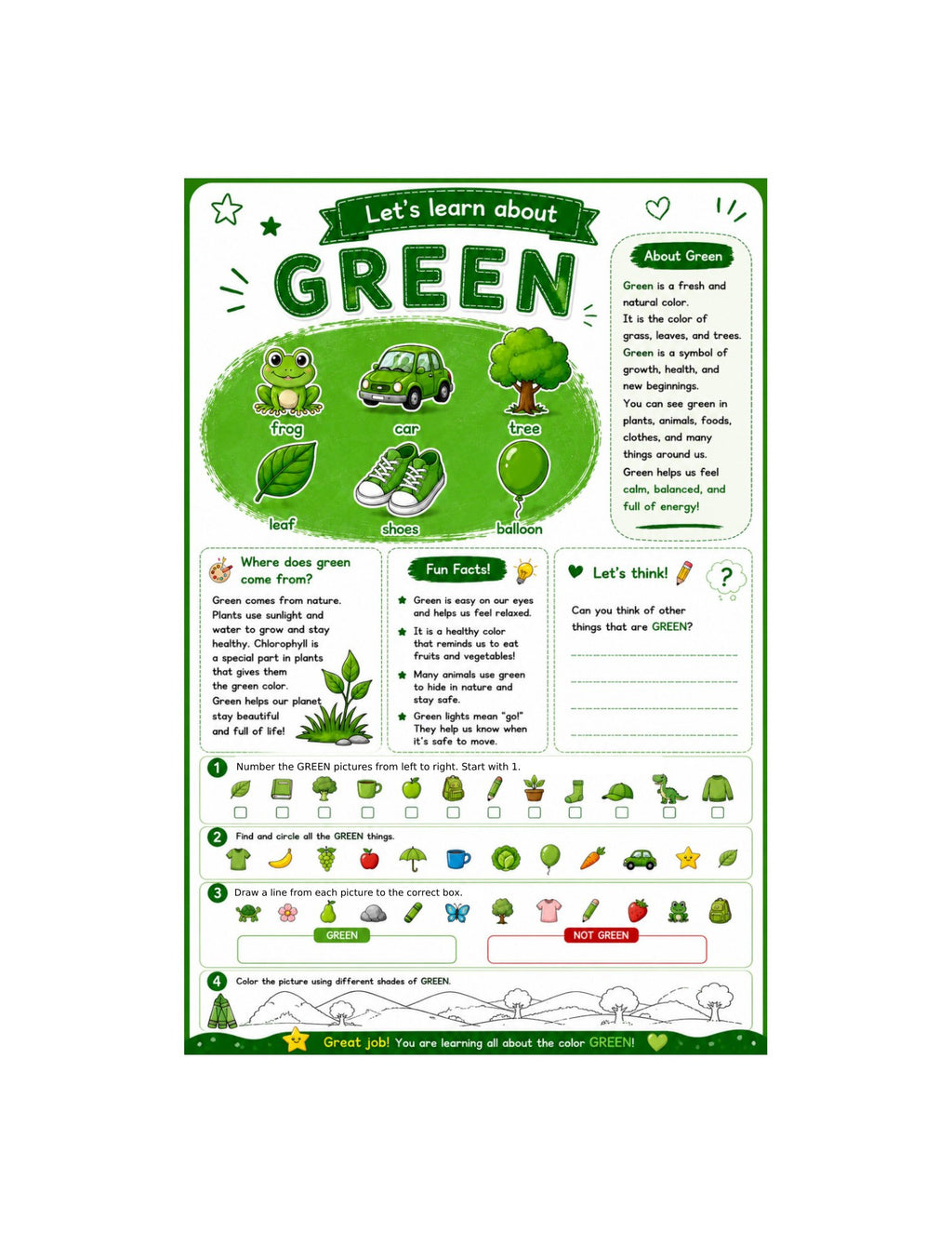 Original green learning page from My Color Adventure ages 5 to 7