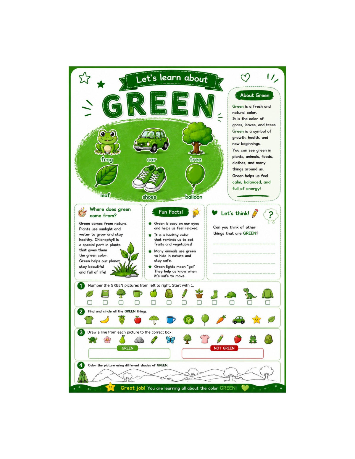 Original green learning page from My Color Adventure ages 5 to 7