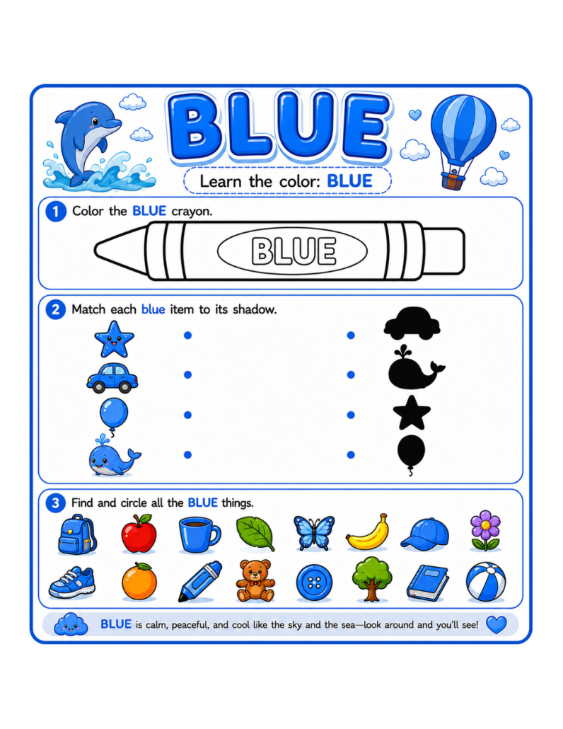 Actual blue worksheet from My First Colors printable PDF, with coloring, shadow matching and find-the-blue activities.