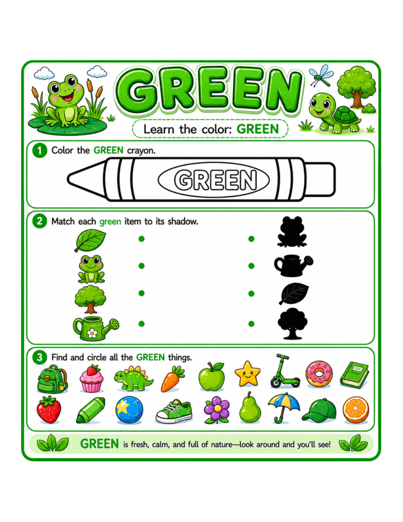 Actual green worksheet from My First Colors printable PDF, with coloring, shadow matching and find-the-green activities.