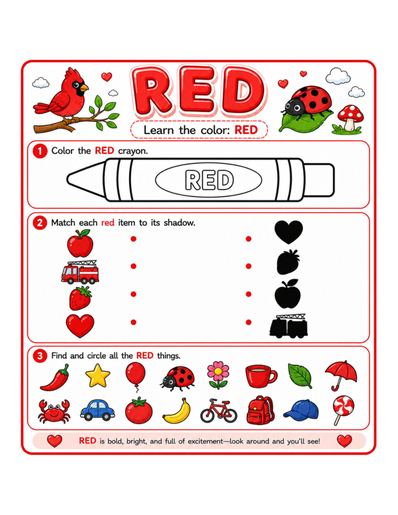 Actual red worksheet from My First Colors printable PDF, with coloring, shadow matching and find-the-red activities.