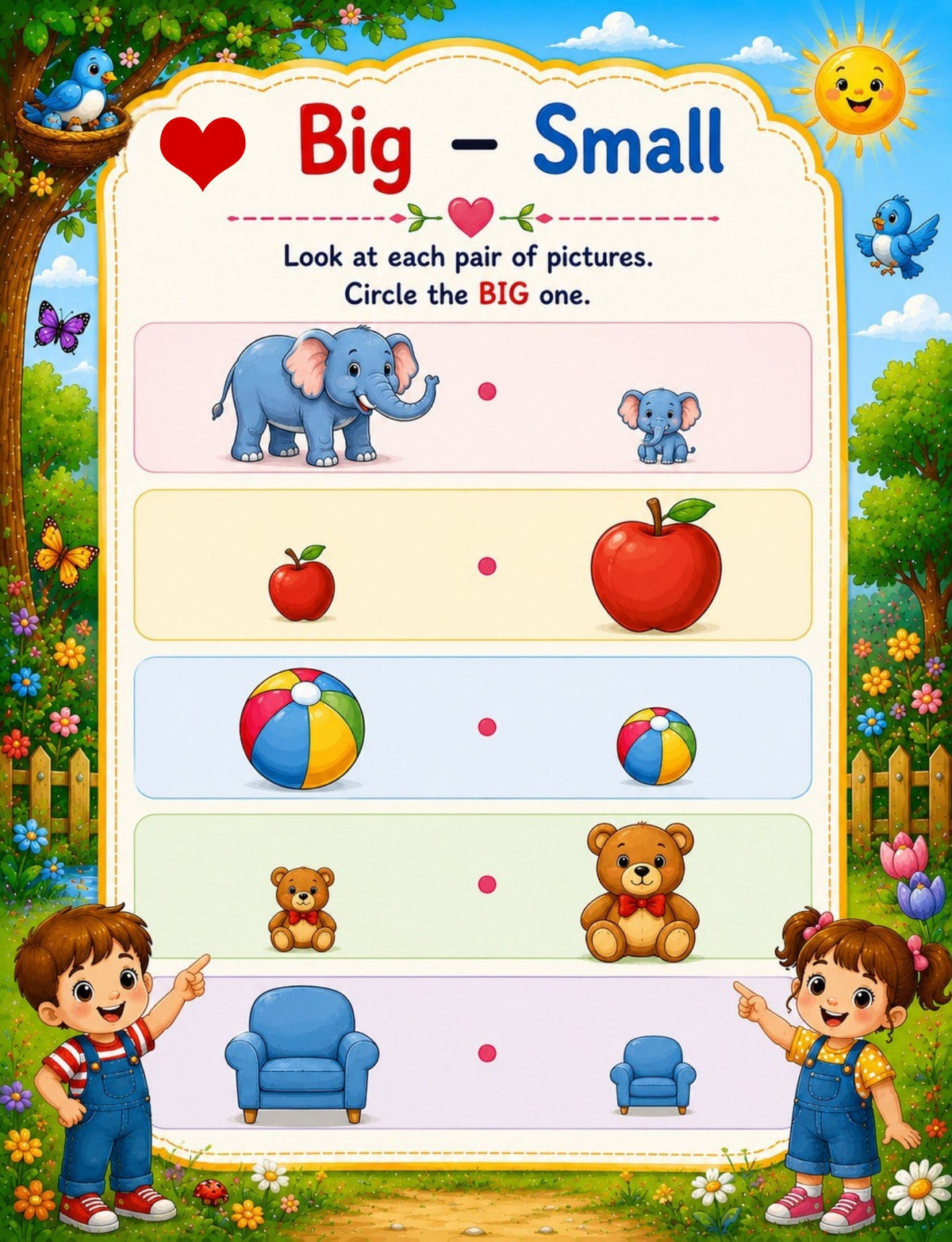 Original big and small activity page from My First Opposites Activity Book