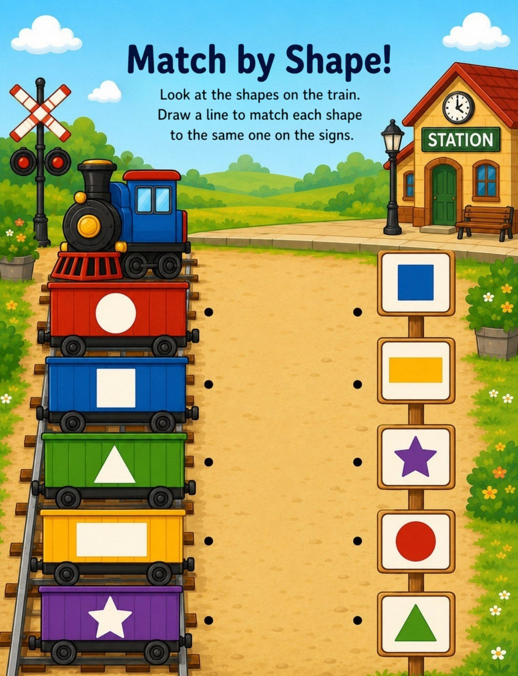 Actual Train Adventure Book activity page: Match by Shape