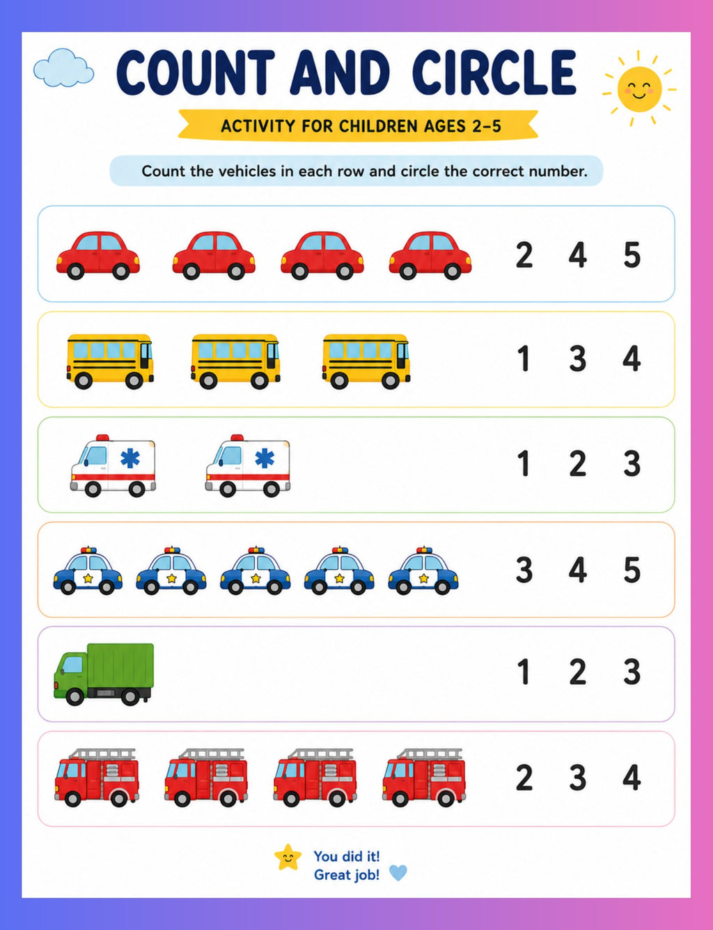 Original counting activity from Road Vehicles Learning and Activity Book