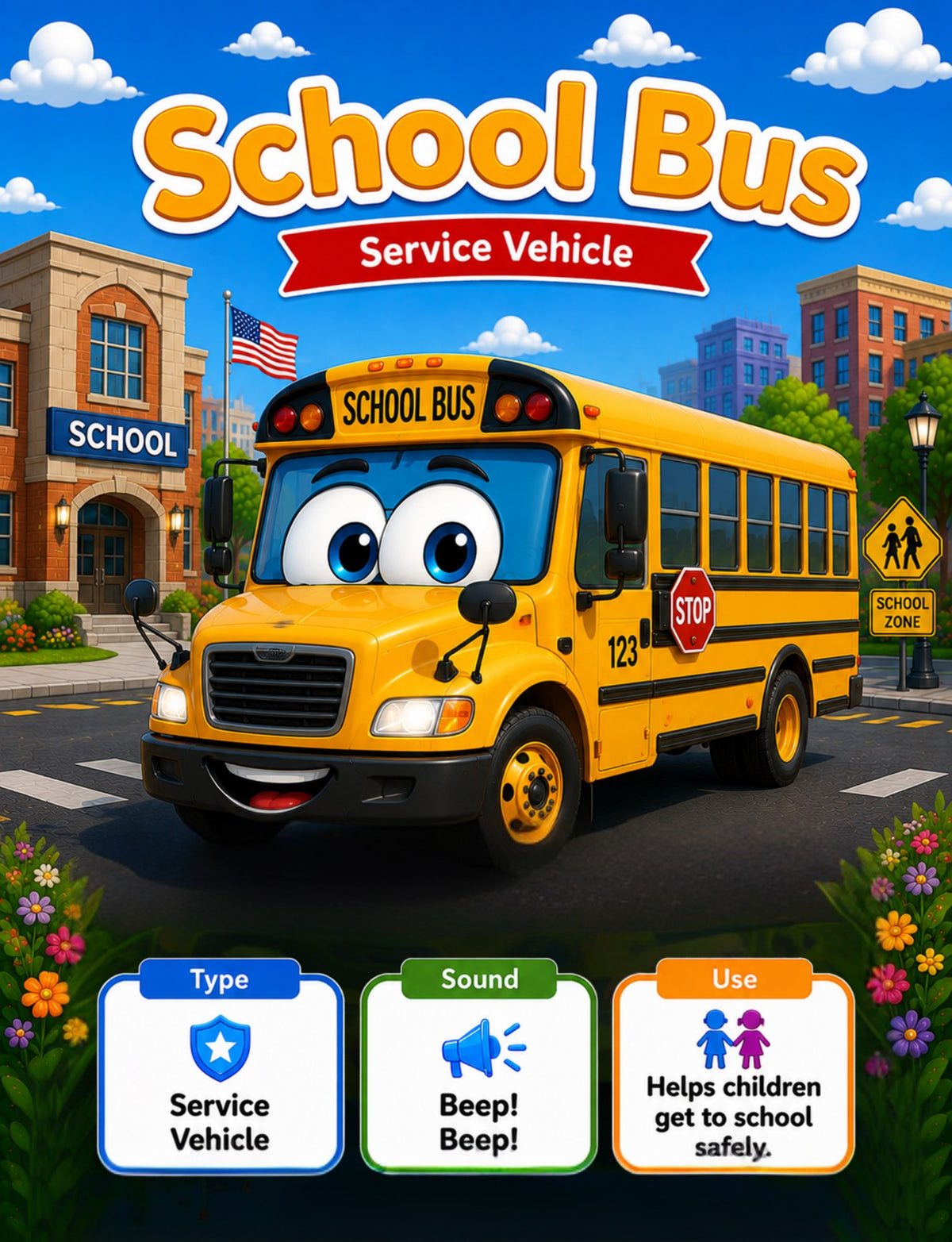 Original school bus learning page from Road Vehicles Learning and Activity Book