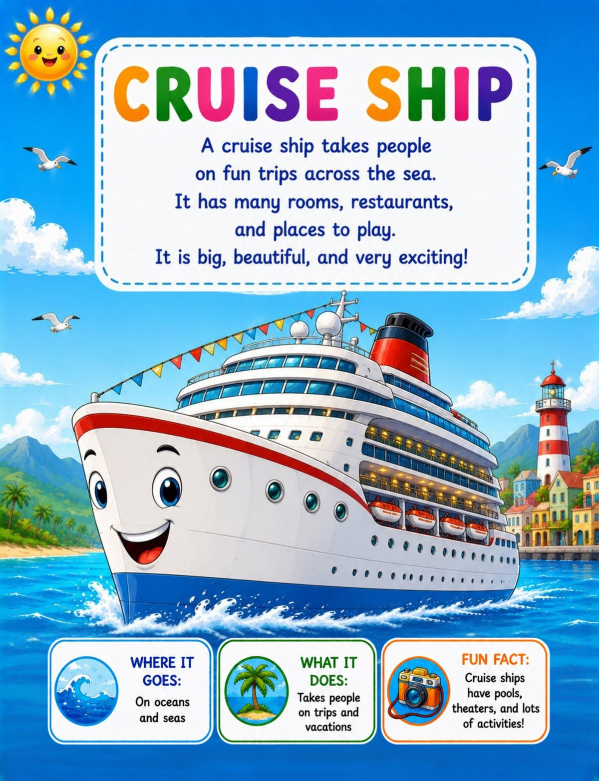 Original cruise ship learning page from My Water Vehicles Activity Book