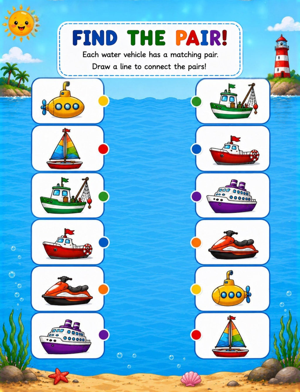 Original matching activity from My Water Vehicles Activity Book